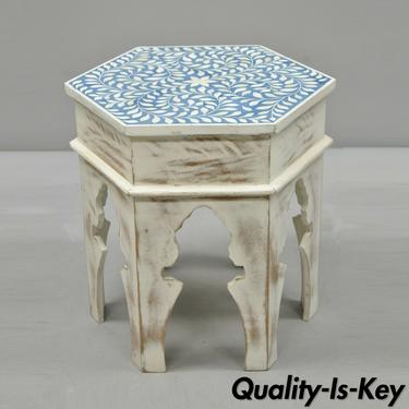 Abalone Inlaid Moroccan Style Hexagonal White Distress Painted Accent Side Table