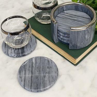 Vintage Marble Coasters Retro 1990s Contemporary + Gray and Silver + Round + 7 Piece Set + Cork Bottoms + Bar + Kitchen + Drink Holders 