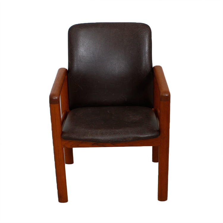 Distressed Leather Danish Modern Teak Arm Chair