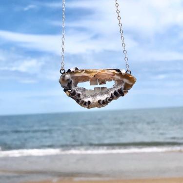 Agate Metal Mouth - Weird Teeth Crystal Pendant Handmade in Sterling Silver with 14k gold capped tooth one of a kind art jewelry pendant 