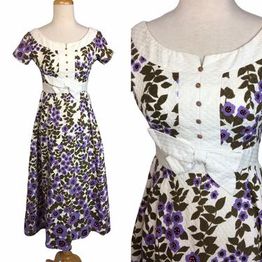 1960s / 1970s Purple Poppies Print Boho Dress 