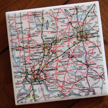 1988 Columbus Cincinnati Dayton Ohio Vintage Map Coaster - Ceramic Tile - Repurposed 1980s Rand McNally Map - Handmade - Cities - Midwest 