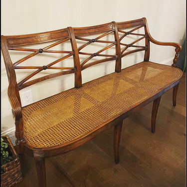 Stunning vintage cane seat walnut bench with silk and down cushion 