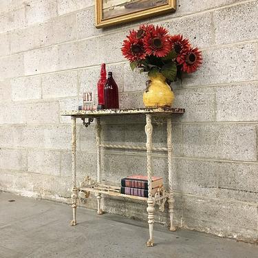 Vintage Cast Iron Table Retro Rectangular Wood Top and White Distressed Iron Legs with Face Details Farmhouse Decor LOCAL PICKUP ONLY 