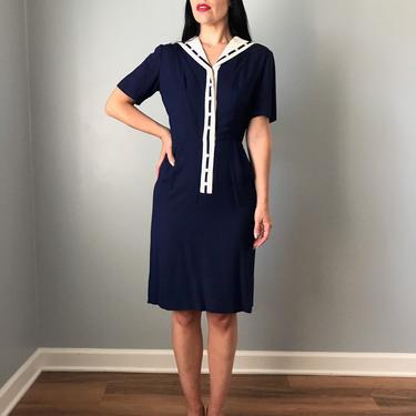 vintage 50s sailor dress | LAMPL pinup wiggle dress | navy and white nautical sheath dress 