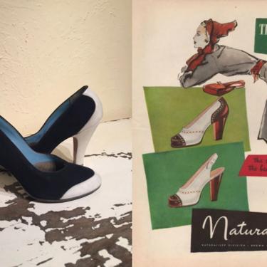 What a Charming Spectator She Was - Vintage 1940s Navy & White Spectator Leather Heels Shoes - 7 