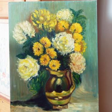 Vintage still life flower painting on canvas / 1960s painting / floral oil painting / brocante decor / cottage decor / vintage artwork 