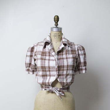 1970s Gingham Crop Top / 40s Style Indian Cotton Puff Shoulder Blouse 