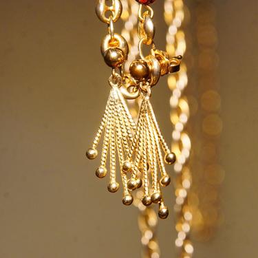 Vintage 14K Yellow Gold Pierced Dangle Earrings, Gold Bead Teardrop Earrings, Woven Rope Accents, Elegant 585 Earrings, 1 1/4” L 
