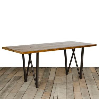 Modern Dining Table made with reclaimed wood and steel W base.  Choose size, thickness, height and finish.  Custom inquiries welcome. 