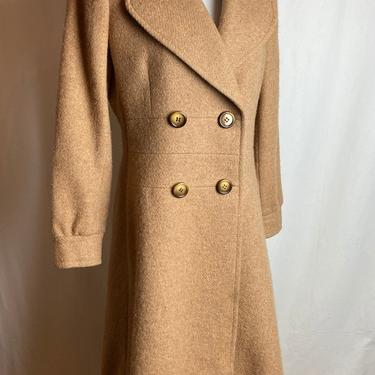 70’s sharp camel color Women’s overcoat~ Aline Fitted flared~ large lapel~ nubby wool~ puff sleeves~ double breasted 1970’s 