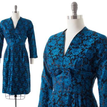 Vintage 1960s Dress | 60s Rose Floral Satin Jacquard Blue Black Sheath Wiggle Cocktail Party Dress (medium) 