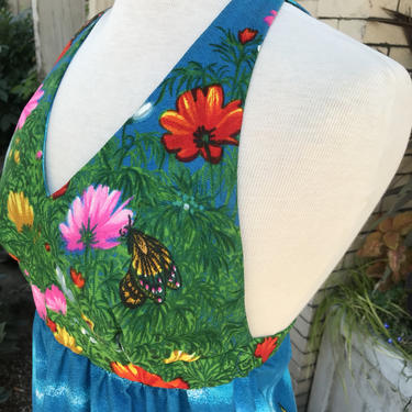 70's Halter Sun dress ~ maxi dress~ vivid floral butterflies~ open back empire cut~ tiki Lounge~ hawaiian paradise~ size XSmall 