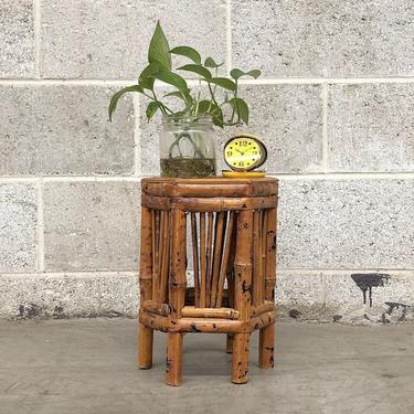 Vintage Plant Stand Retro 1970s Small Size Bamboo + Cane + Rattan + Plant Stand + Indoor + Outdoor + Handmade + Burnt Wood Detail Boho Decor 