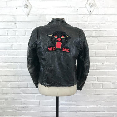 Size 36 Wild Thing Patched Black Distressed Leather Cafe Racer Jacket 