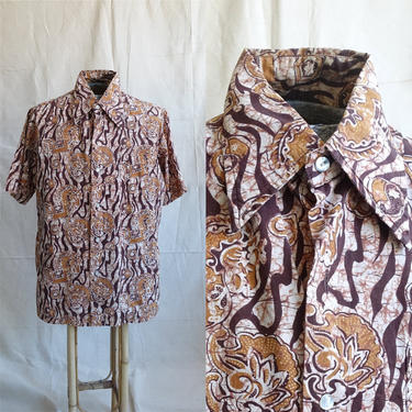 Vintage 70s Batik Cotton Shirt/ 1970s Hippie Wax Resist Hawaiian Tiki Shirt/ Size Large 