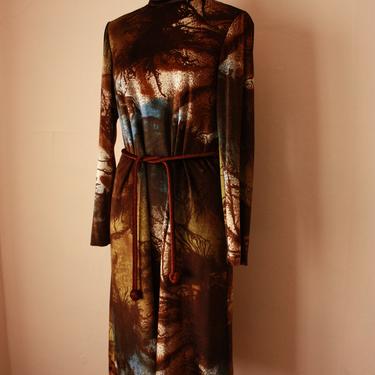70s Velour Long Sleeve Dress Mock Neck Brown Tree Print Size M / L 