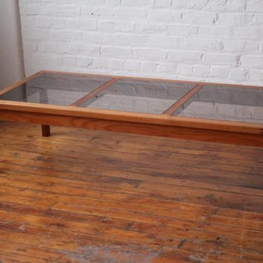 Restored Danish Solid Teak Coffee Table with Smoked Glass Panels 