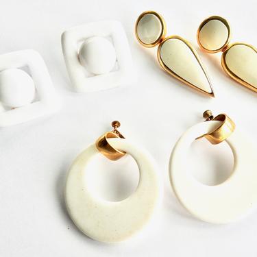 Three Pairs Large White Lucite Earrings 