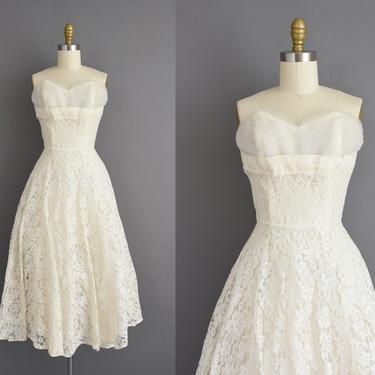 vintage 1950s dress | Gorgeous Emma Domb Strapless White Lace Cocktail Party Wedding Dress | Small | 50s vintage dress 