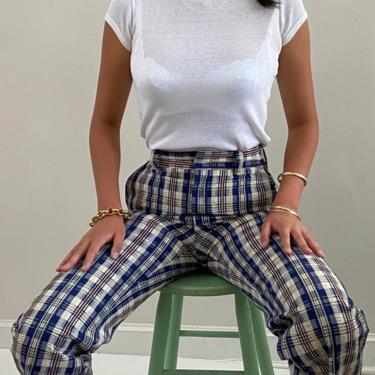 70s plaid seersucker bell bottoms / vintage Levis blue madras plaid high waisted perma crease bell bottom flared cuffed leg pants | size 4 