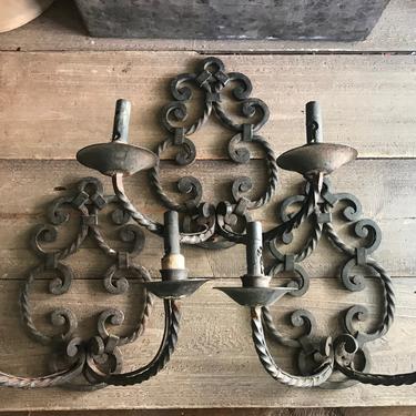 Antique French Wrought Iron Lights, Wall Sconces, Set of 3, Garden Candle Lights, Chateau Decor by JansVintageStuff