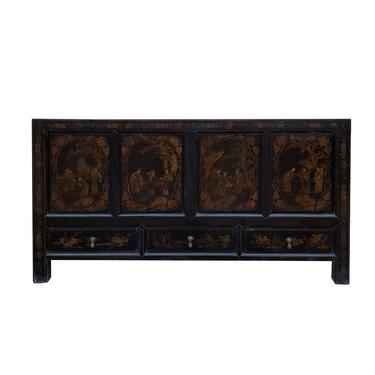 Chinese Distressed Black Golden Graphic TV Console Table Cabinet cs7206E 
