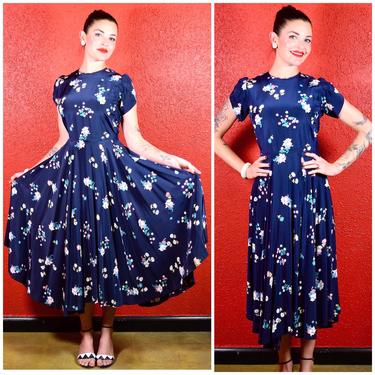 1930s 40s Blue Rayon Circle Skirt Novelty Print Dress 