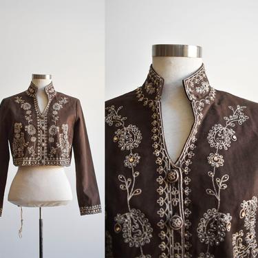 Brown Cropped Embroidered Jacket 