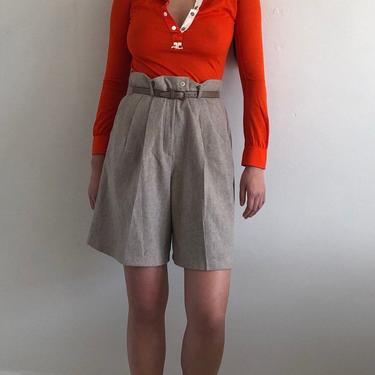 80s wool trouser shorts / vintage beige oatmeal wool flannel high waisted pleated baggy trousers shorts | 31 W 