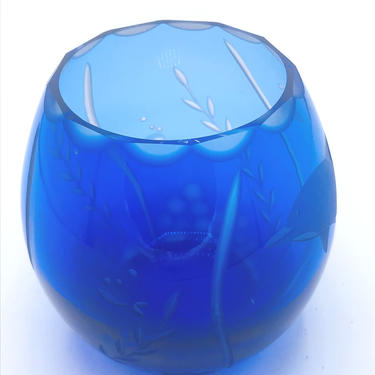 Vintage 1 Lenox Cobalt Blue Cut Crystal, Etched Dolphin Vase/Rose Bowl 