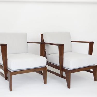 Rene Gabriel French Cherry Wood and Linen Lounge Chairs