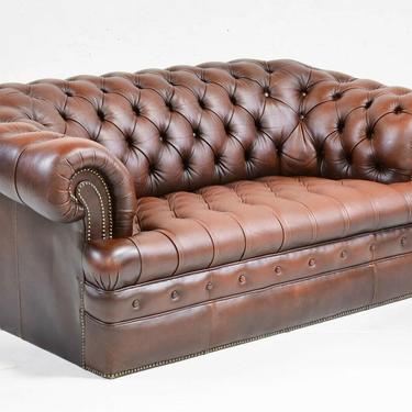 Loveseat / Sofa, Chesterfield, British Brown Leather, Two Seater, NailHead Trim