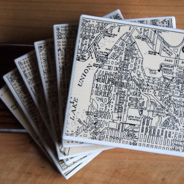 1940 Seattle Washington Handmade Repurposed Vintage Map Coasters Set of 6 - Ceramic Tile - Repurposed 1940s Colliers Atlas - Actual Map Used 