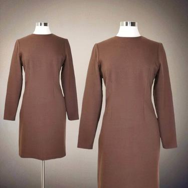 Vintage Wool Wiggle Dress, Large / Neutral Brown Sheath Dress / Saint Laurent Designer Cocktail Dress / Fitted Long Sleeve Body Con Dress 