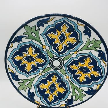 VIntage Mexican Talavera Pottery Plate- for Display-Signed Mexico-Hand Made-Decorative-Cobalt Blue and Yellow- Bright Colors 12&amp;quot; 