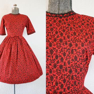 1950's Red and Black Lanz Cotton Dress / Size XSmall Small 