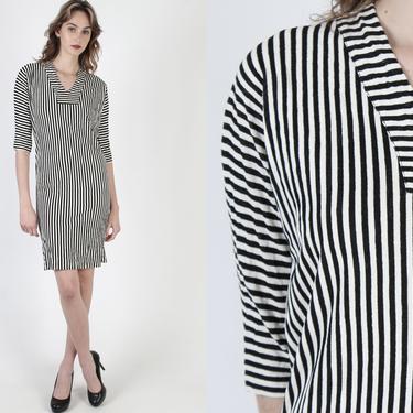 60s Black Striped Dress / Minimalist Mod GoGo Shift Dress / Vintage 1960s Vogue Brand Disco Dress / Batwing Wiggle Mini Dress 