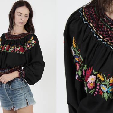 Black Hungarian Style Folk Blouse / Peasant Smocked Floral RicRac Stitch / Hand Embroidered Prairie Ethinc Top 