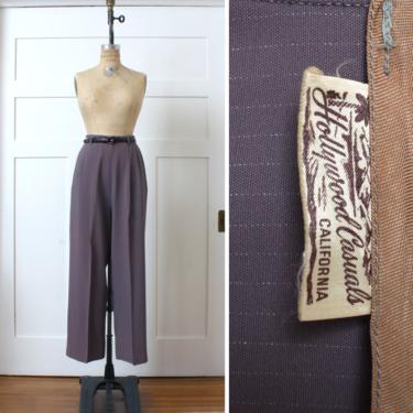womens vintage 1940s pants • 'Hollywood Casuals' high waist wide leg trousers in mocha brown pin stripes 