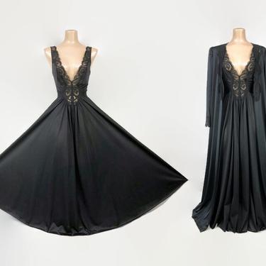 VINTAGE 80s Black Olga Peignoir Set | Stretch Nylon Lace Grand Sweep Nightgown and Robe Original Belt | Wedding Bridal Lingerie | Sz S 94280 