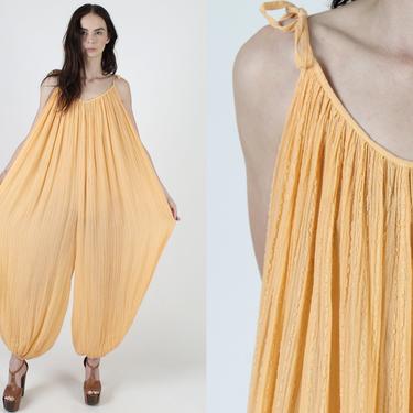 Tangerine Bubble Gauze Jumpsuit / Womens Thin Grecian Playsuit / 70s Harem Light Airy Cotton / Sheer Beach One Piece Tie Shoulder Playsuit 