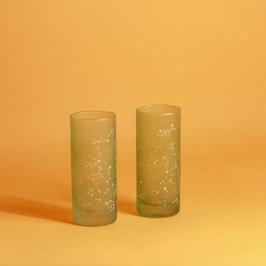 Set of 2 Vintage Green Constellation Astronomy Tall Drinking Glasses Cups 