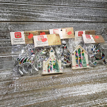 Vintage Christmas Tree Ornaments, NEW Sealed 1970's Brite Star Decoration, Stained Glass Angel Reindeer Snowman Santa Claus, Vintage Holiday 