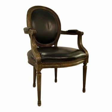 Vintage French Black Leather Arm Chair