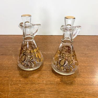 Vintage Mid Century Modern Gold Floral Oil and Vinegar Cruet Set 