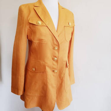 80s Orange Linen Blazer Gold Buttons / 1980s Fitted Summer Jacket Goldenrod Yellow Ochre / Vertigo Pour Laville Paris / M 