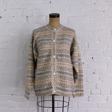 1980s Creme Alpaca Wool Cardigan  | 80s Creme Print Wool Sweater | Illary Alpaca Peru | Large 