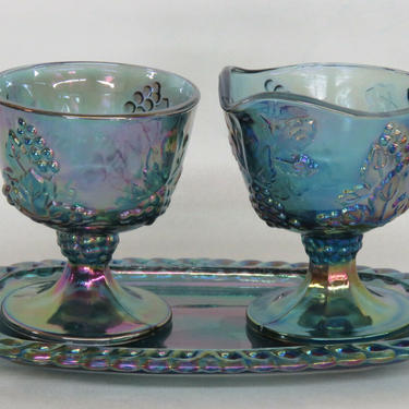 Indiana Harvest Grape Blue Carnival Glass Set of Sugar Creamer and Tray 2333B