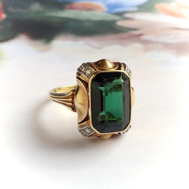 Vintage Emerald Cut Green Tourmaline Diamond Ring 18k Gold 